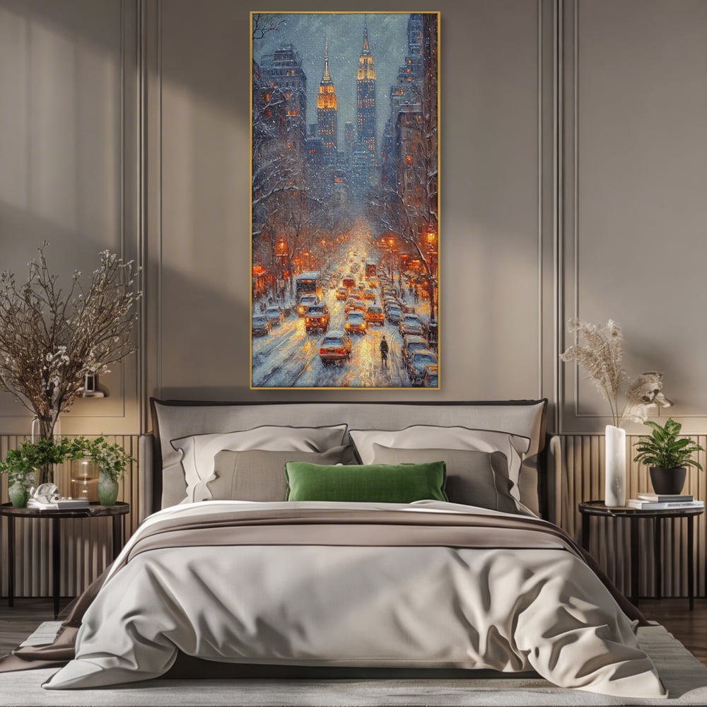 Tablou canvas cu pictura cu bulevard inzapezit si masini, in rama de aluminiu auriu, pe perete intr-un dormitor